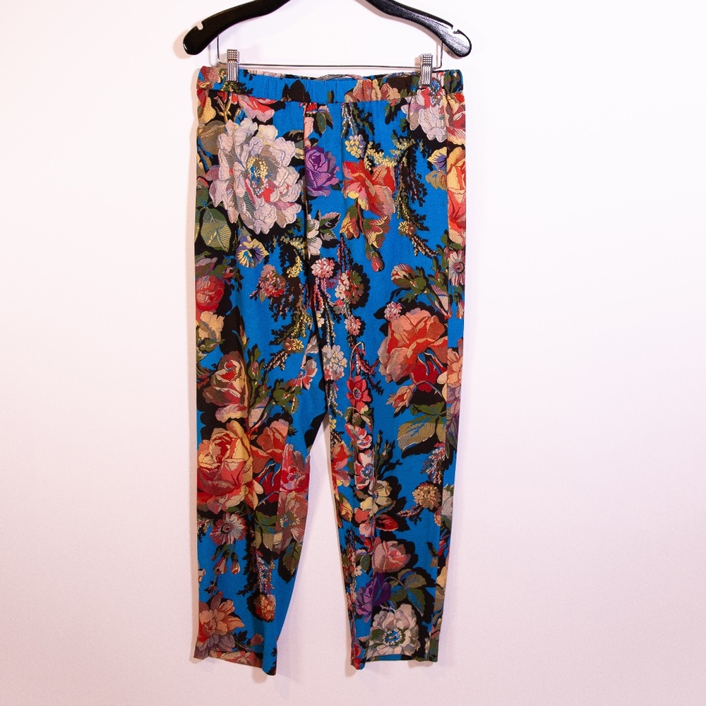Dries Van Noten Blue Floral Flower Print Tapestry Ankle Length Pull On Pants 44